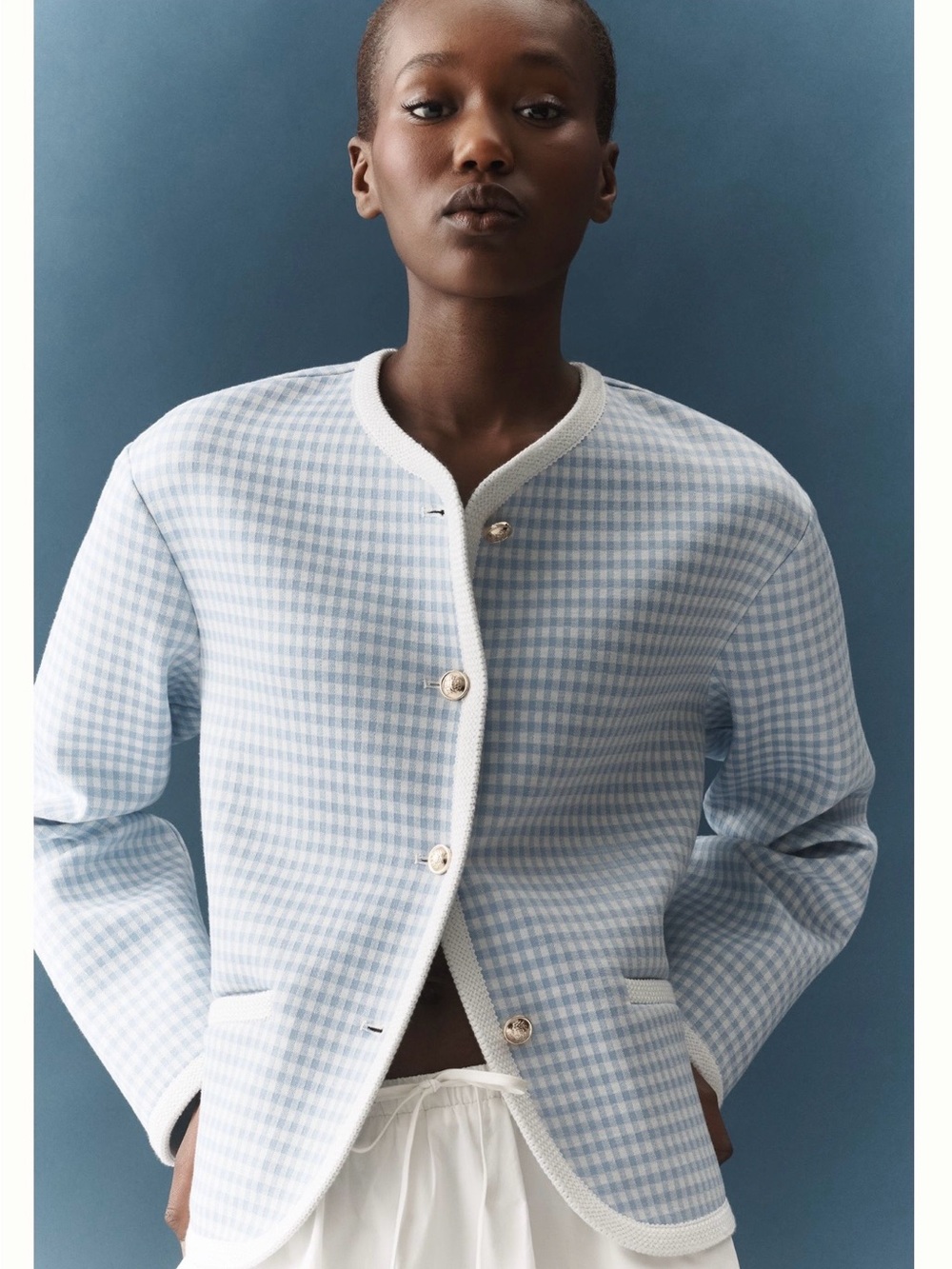 Light Blue Gingham Collarless Jacket
